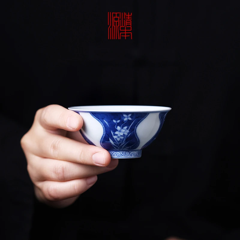 清本源茶具内模印四季花卉青花玉壶春撇口品茗杯主人饮杯功夫茶道