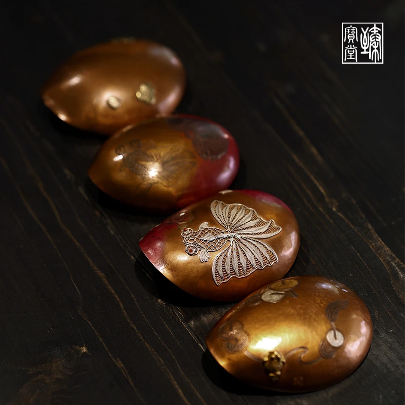 臻宝堂茶具梅花瓣型铜制茶则茶荷镶嵌錾刻流银掐丝醒茶器功夫茶道