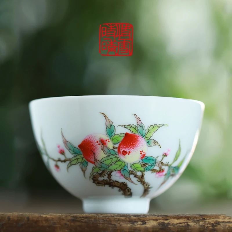 快雪时晴茶具手绘粉彩寿桃鸡心杯品茗杯主人杯个人饮杯功夫茶道