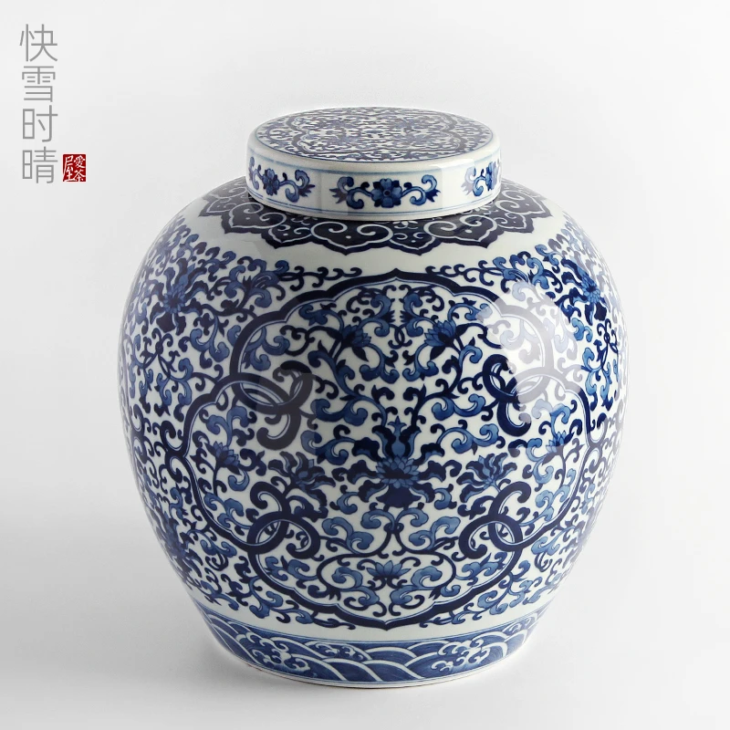 快雪时晴茶具手绘青花缠枝盖罐茶叶罐陶瓷茶仓储物罐功夫茶道中式