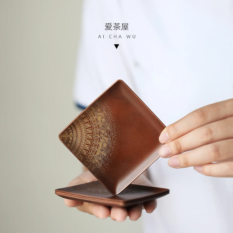 古歌元作茶具纯黄铜制铜鼓款方形杯垫平托隔热垫功夫茶道单只一套