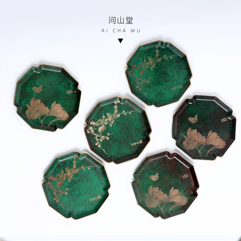 问山堂铜器茶具八边形玉兰蝶杯垫复古绿錾刻春桃隔热杯托功夫茶道