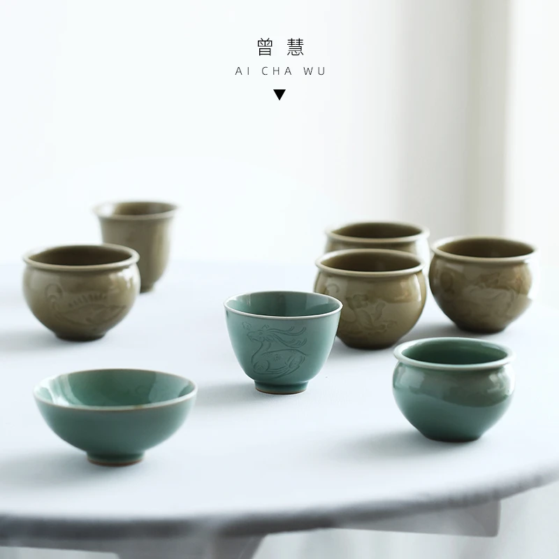 龙泉青瓷曾慧米黄釉风水缸梅子青刻花品茗杯主个人客饮杯功夫茶具