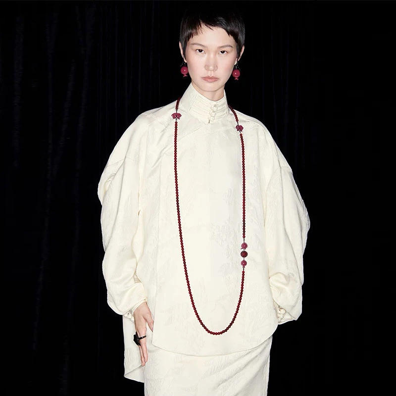 M essential 马  凯新中式玉雕提花立领廓形衬衫半裙