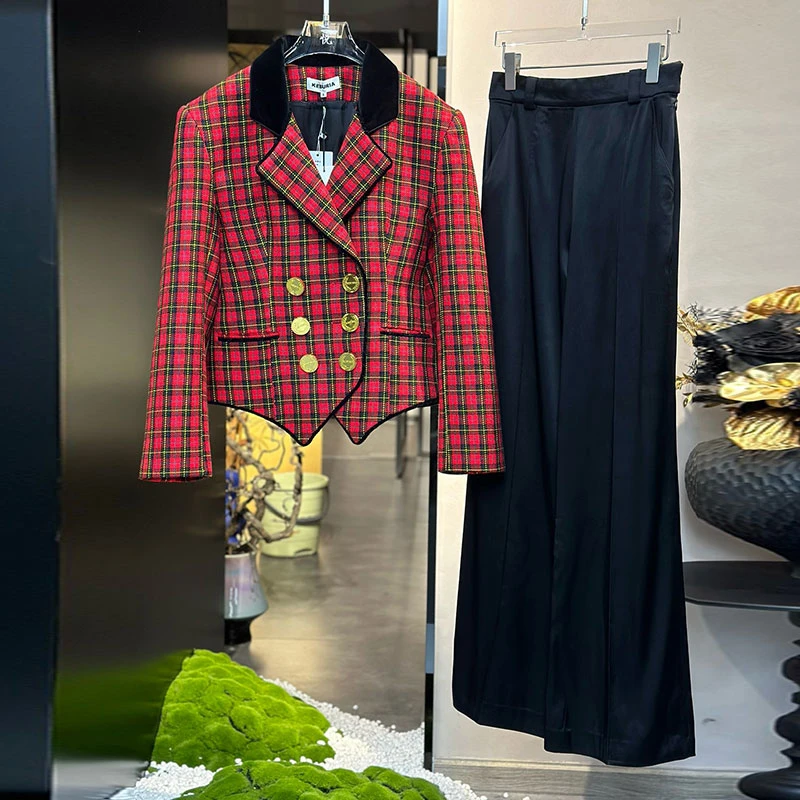 欧洲格鲁吉亚设计师品牌KEBURIA格纹外套女修身显瘦