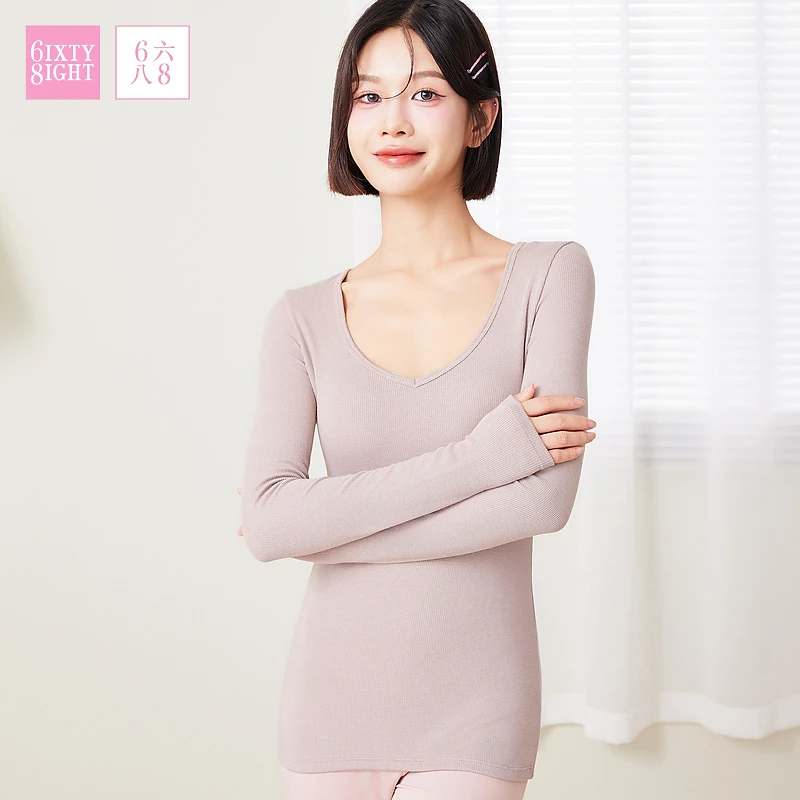6IXTY8IGHT 68秋冬睡衣舒适美雅碧蓄热保暖带胸垫打底秋衣HW09421
