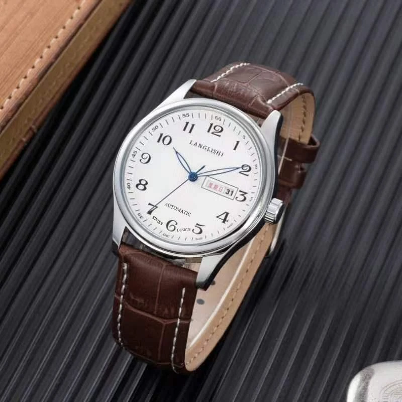 【云仓直发】男士白面商务棕皮蓝针时尚手表送表带夜光男腕表LL007