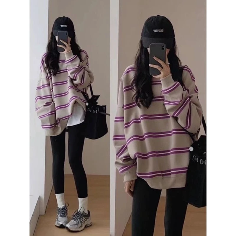 美式休闲条纹无帽圆领卫衣女秋季中长款遮屁股宽松大码百搭上衣