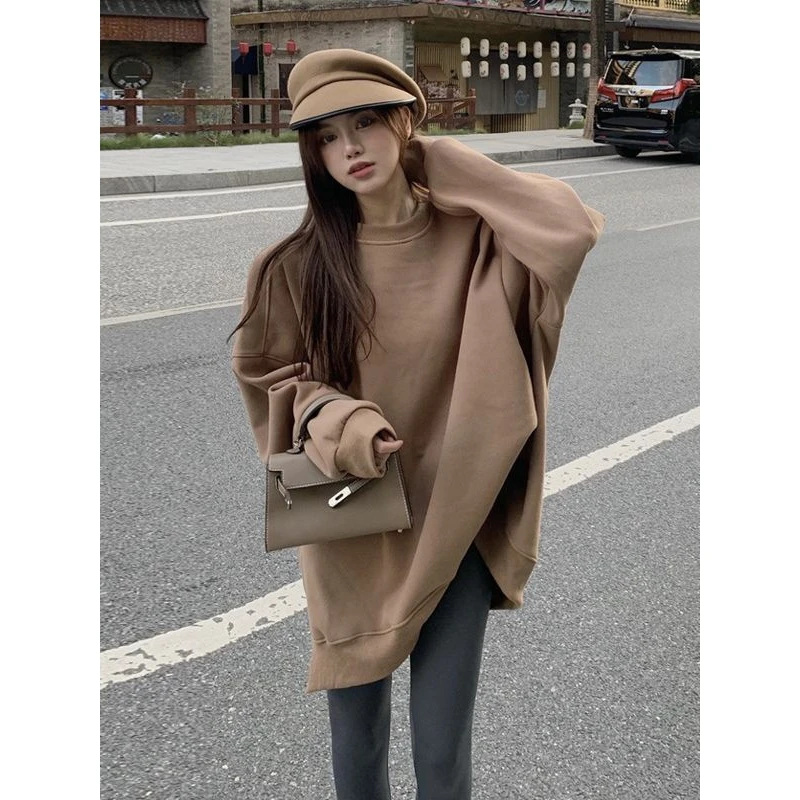 2023年新款纯色宽松加绒卫衣女中长款大码显瘦百搭慵懒风上衣ins