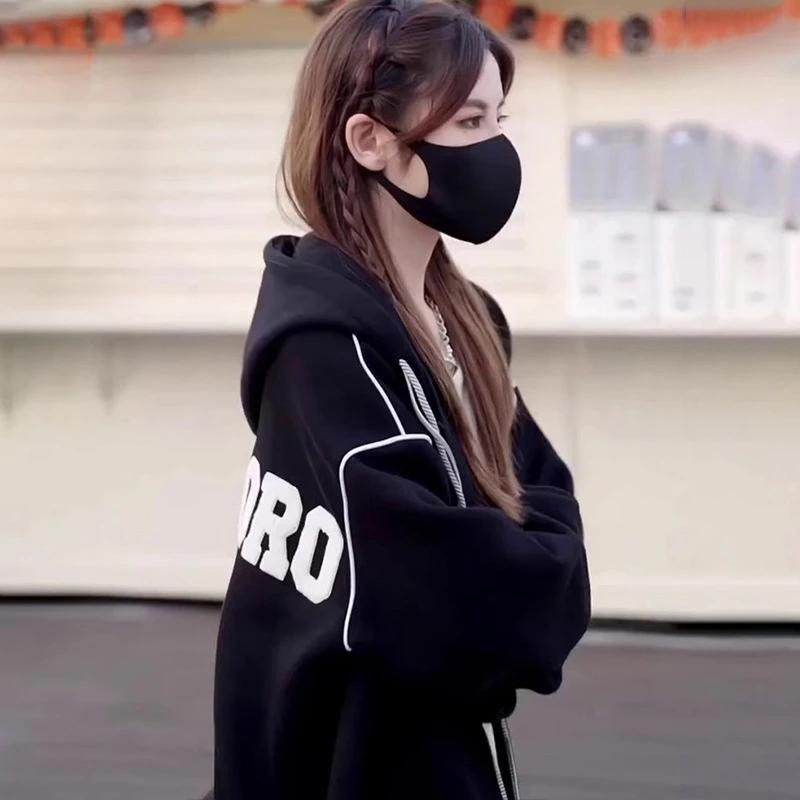 韩版慵懒风加厚加绒连帽卫衣2024秋冬新款宽松拉链开衫外套上衣