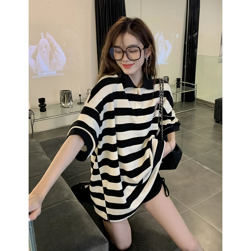 中长款新款条纹时尚设计感POLO衫宽松百搭显瘦下身失踪短袖T恤女