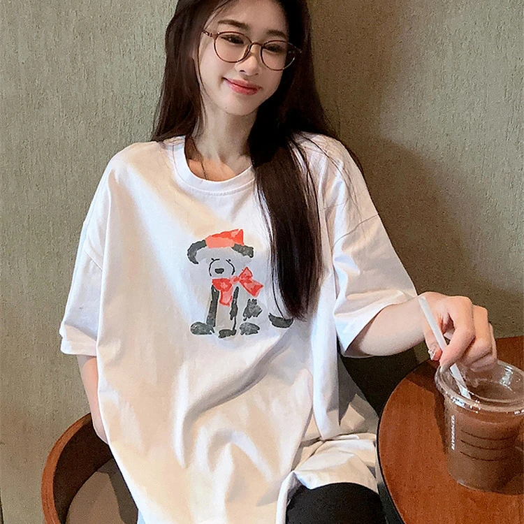 卡通印花短袖T恤女2024夏新款宽松百搭中长款遮臀圆领半袖上衣