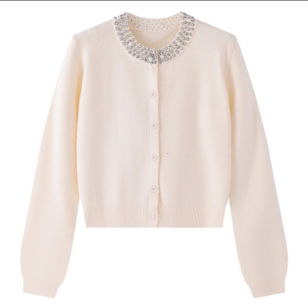 【301-400】秋季圆领长袖外搭白色法式珠饰针织开衫气质毛针织衫女