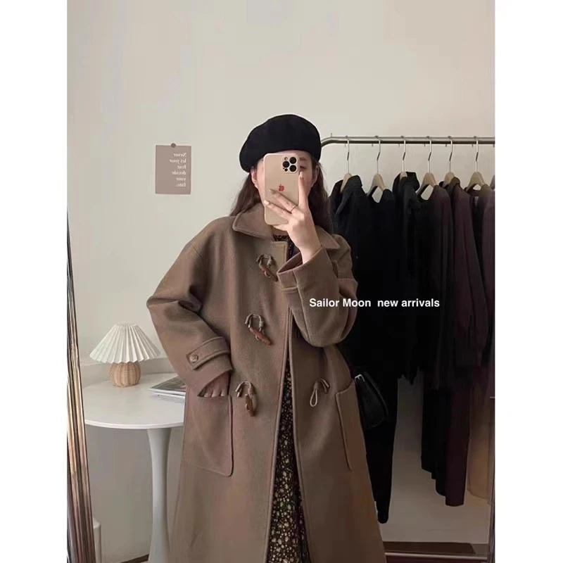 长款牛角扣呢子大衣女2023秋冬季新款毛呢外套高级感小个子英伦风