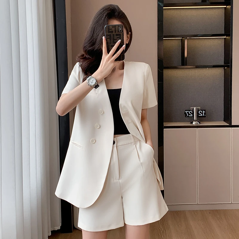 白色无领短袖西装外套女夏季薄款2024新款小个子职业装小西服套装