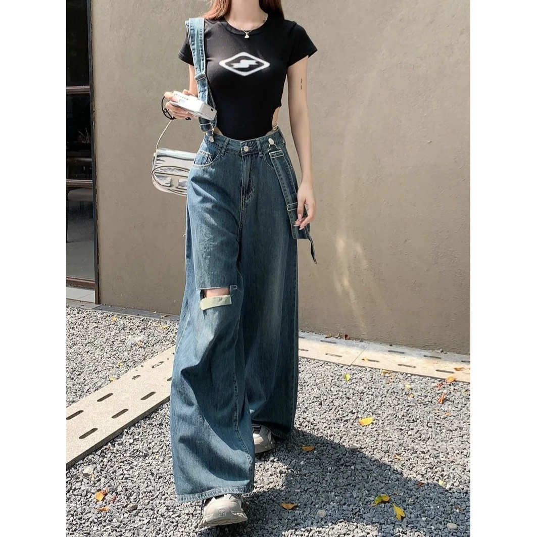 设计感百搭小众背带裤女装破洞牛仔裤宽松阔腿拖地裤高腰直筒长裤