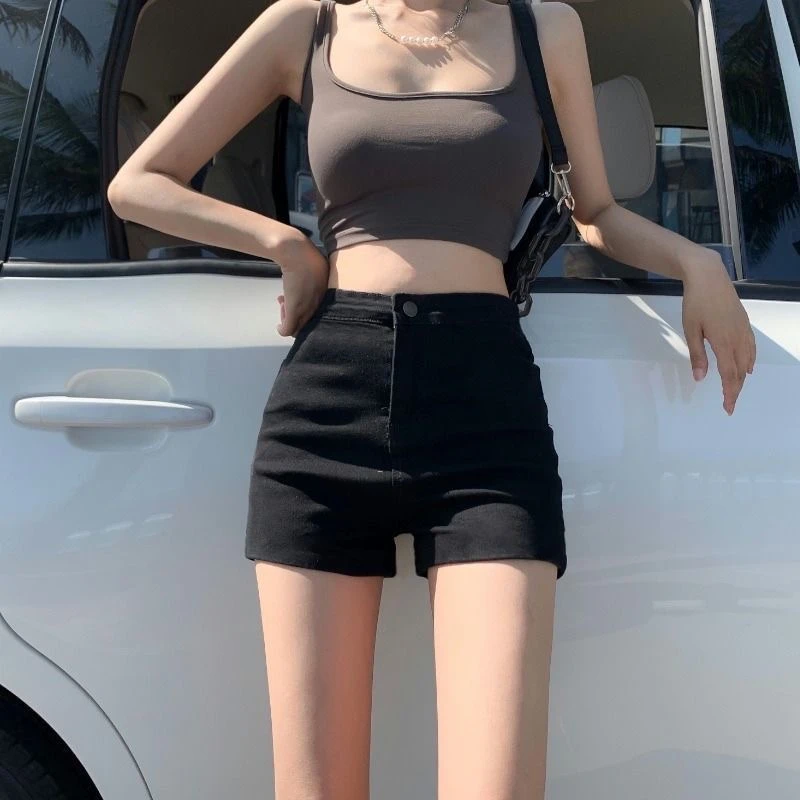 高弹力小个子牛仔短裤夏季高腰显瘦性感辣妹女装黑色紧身包臀裤