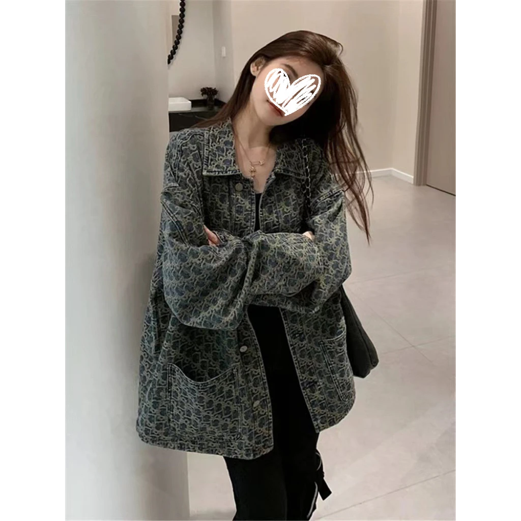 美式高街复古牛仔外套女春秋新款独特衬衫满印老花百搭潮牌上衣