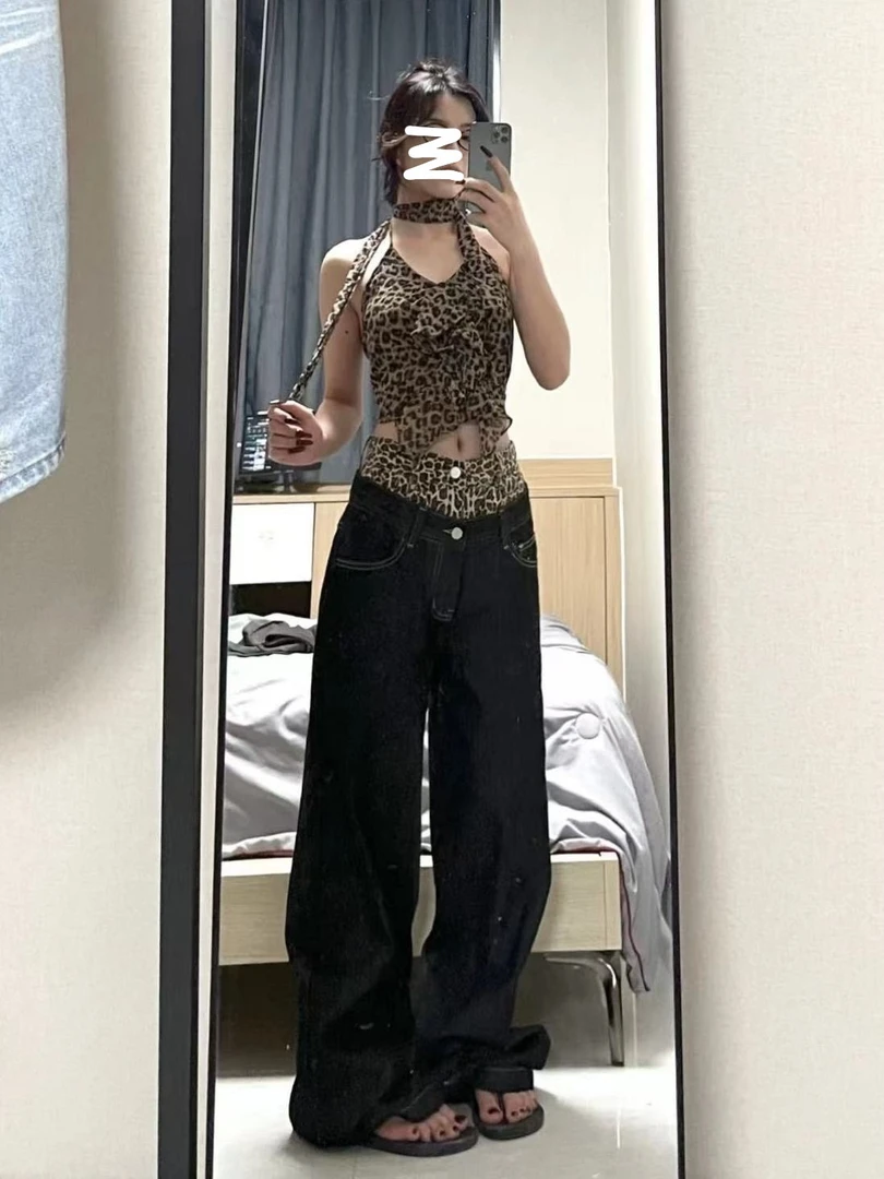 美式复古豹纹拼接阔腿牛仔裤女装高街设计感高腰宽松休闲直筒长裤
