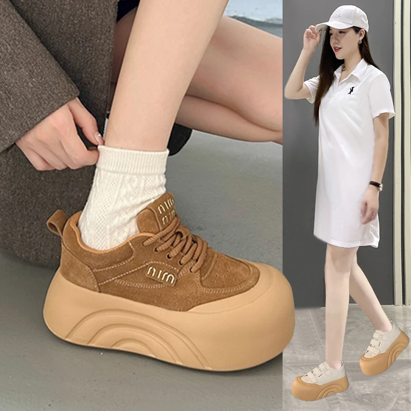 松糕厚底女鞋2024新款秋季运动休闲大头丑萌面包鞋棕色美拉德板鞋