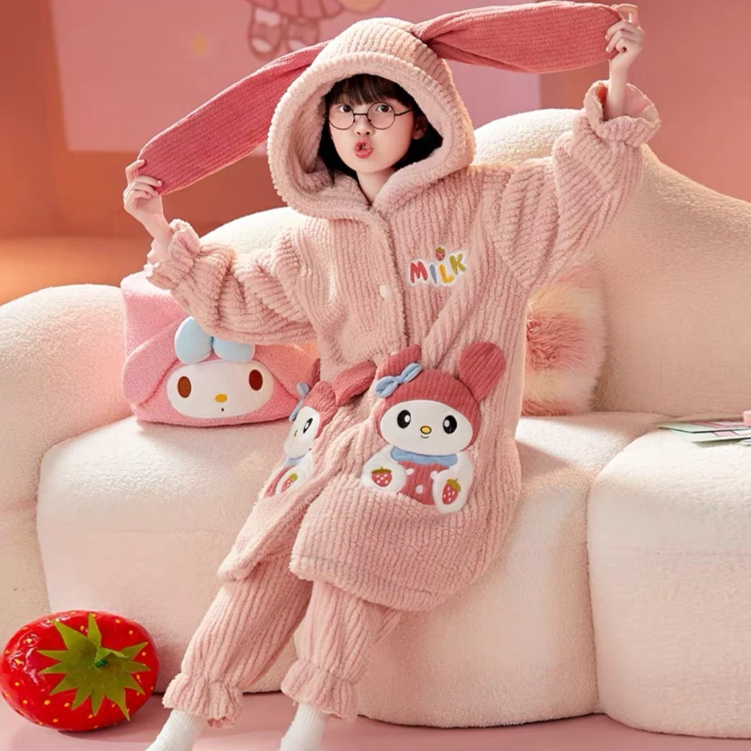 A杨羊羊儿童款睡衣家居服加绒长款秋冬季卡通加厚女童保暖衣套装