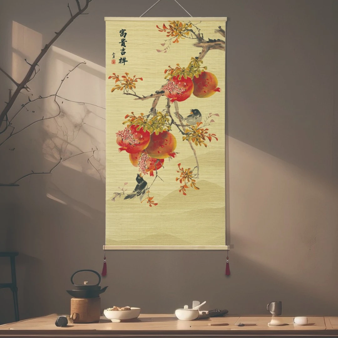 《十全十美》石“刻”榴；在你身边细竹丝编制挂画质感老楠竹实物 原创