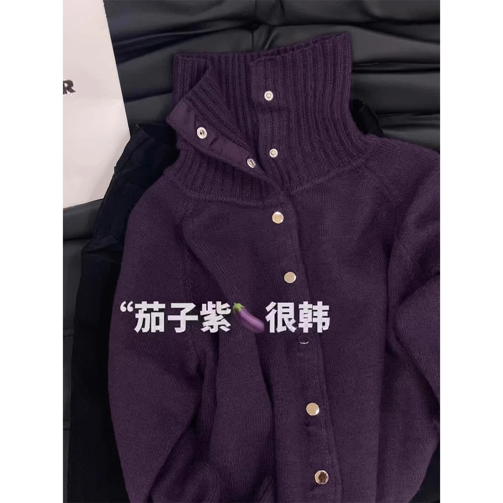超温柔高级显白紫色高领毛衣女慵懒韩系减龄宽松翻领针织开衫外套