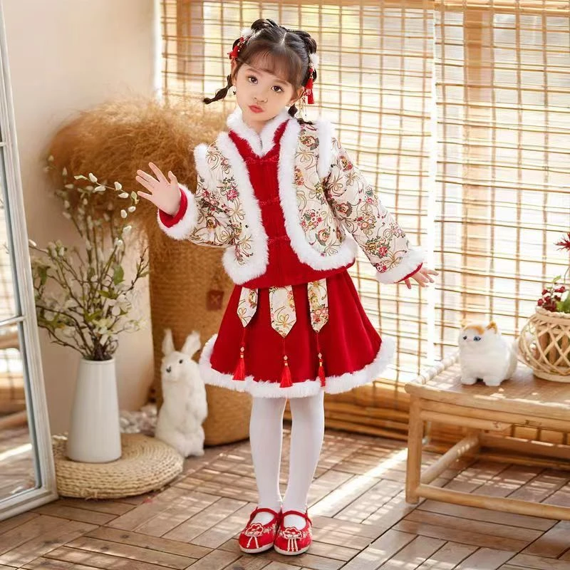 儿童汉服女童唐装加绒加厚中国风拜年服洋气宝宝女孩秋冬冬季喜庆