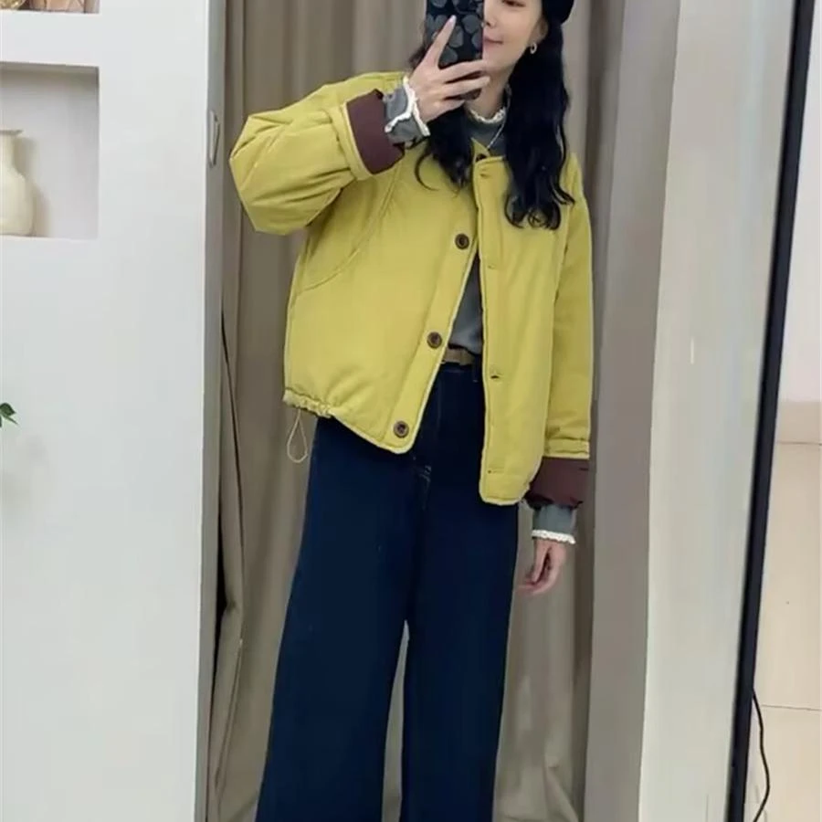 韩系糖果色单排扣圆领撞色棉服外套女2024冬新款时尚百搭保暖棉衣