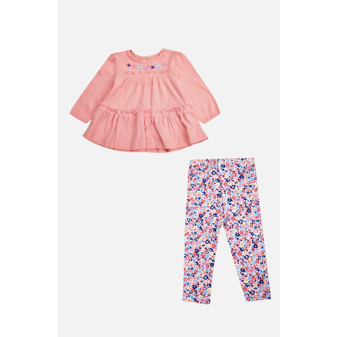 外贸单2024年女宝春秋新款纯棉针织绣花长袖裙式上衣碎花长裤套装