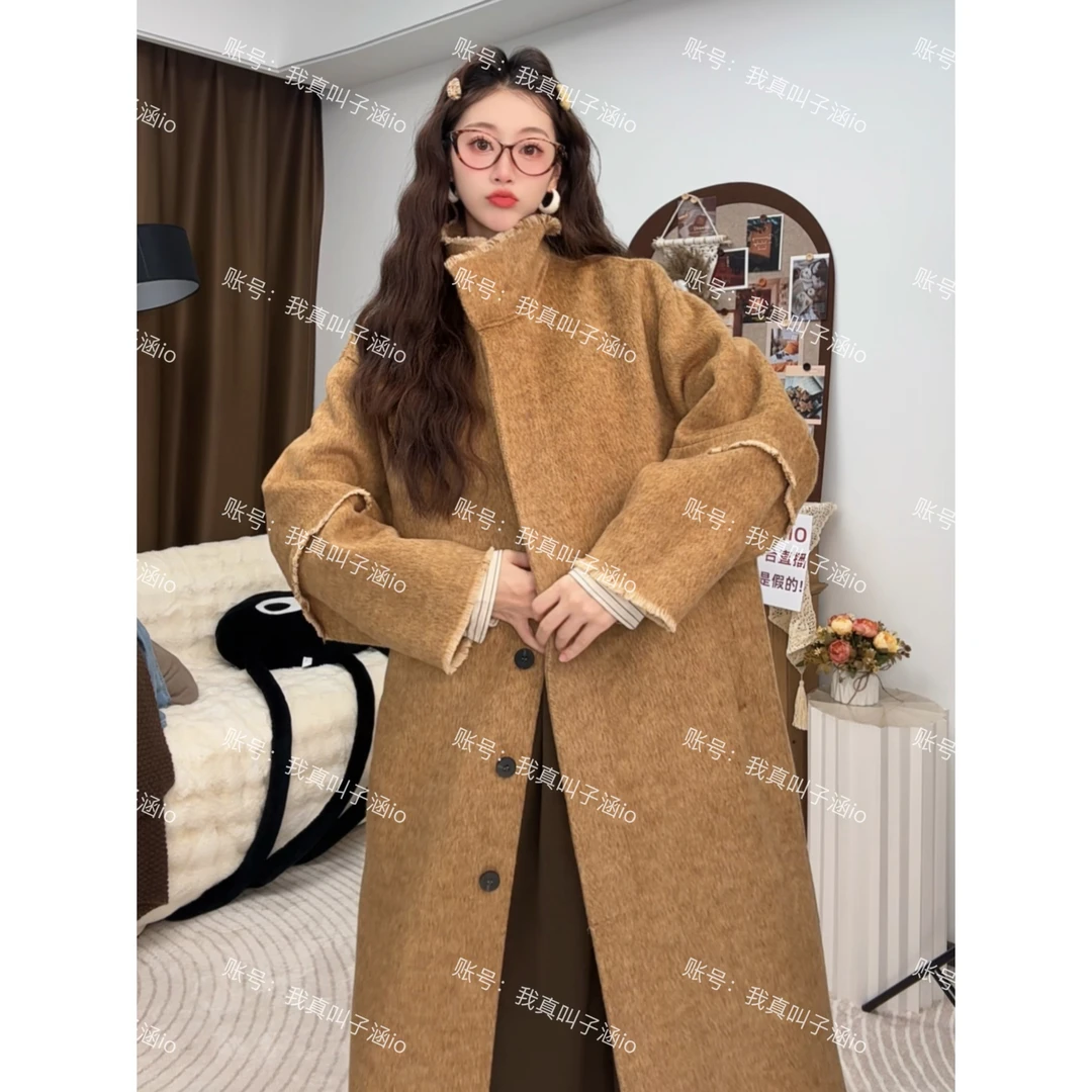 新款时尚韩系拉毛款中长款外套长毛过膝双面羊毛大衣韩系羊毛大衣