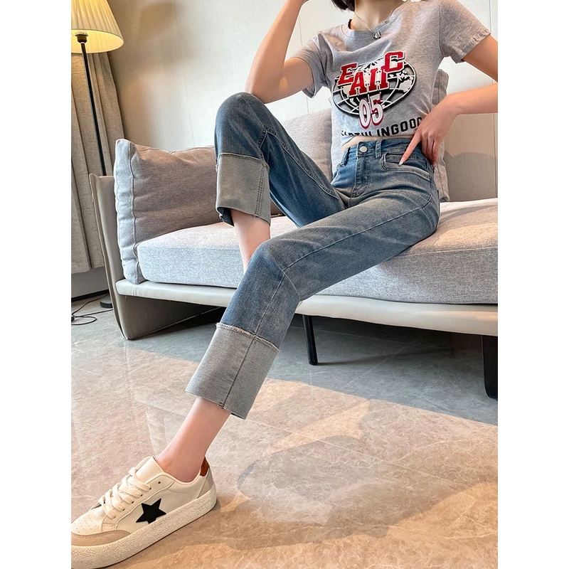 牛仔裤女夏季2023年新款爆款宽松高腰弹力小个子直筒窄版烟管裤子