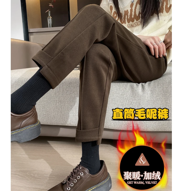 加绒咖色毛呢直筒裤女秋冬季高腰宽松显瘦小个子长裤烟管休闲裤子