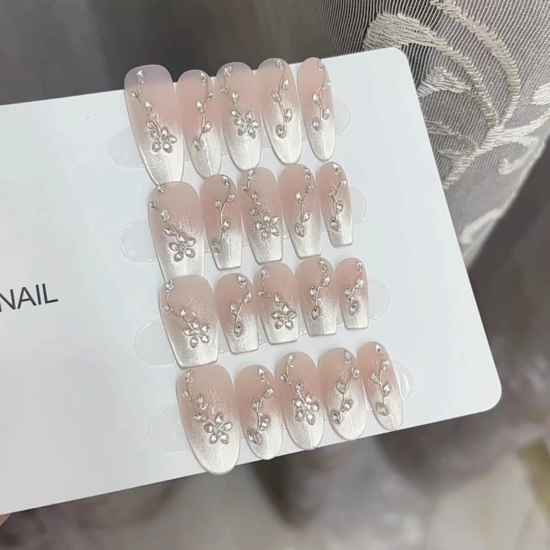 月光星河纯手工光疗穿戴甲片猫眼银穿戴甲成品重复使用美甲