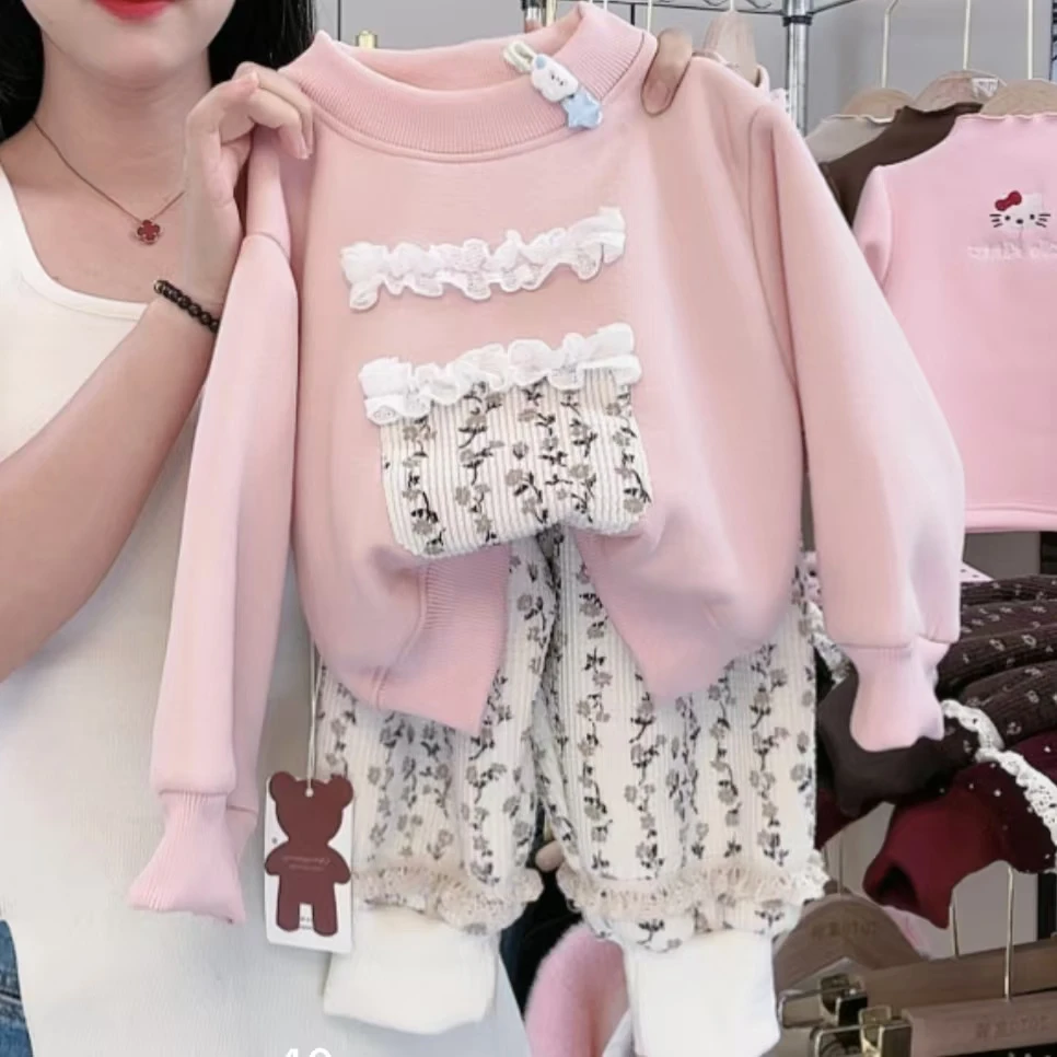 加绒加厚新款冬季爆款女宝蕾丝边洋气女童时尚套头一体绒粉色卫衣