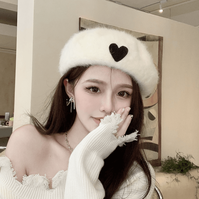2022新款贝雷帽女秋冬爆款兔毛白色帽子爱心蓓蕾帽毛茸茸冬天网红