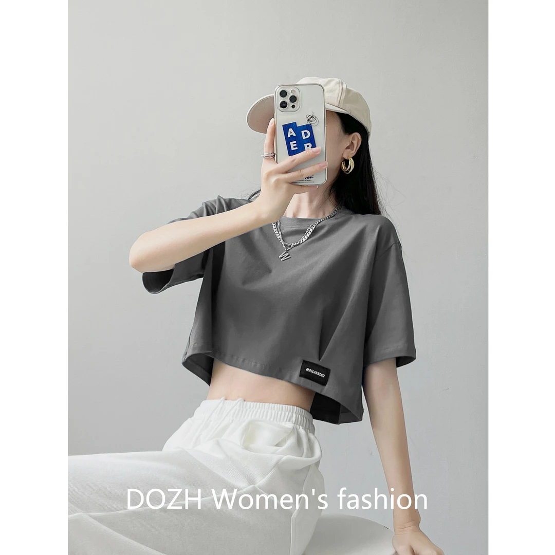 黑色短款上衣女宽松t恤2025夏季新款棉高腰露脐设计感小众短袖