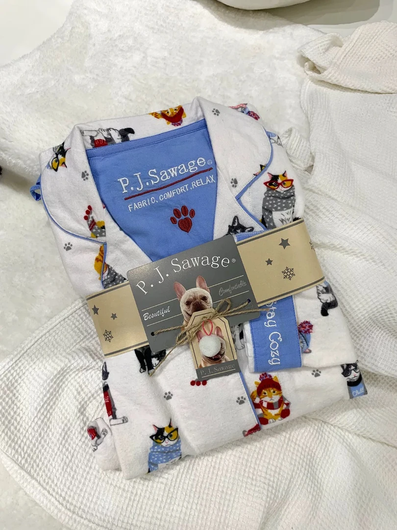 出口PJS 秋冬爪印猫咪保暖纯棉磨毛睡衣长袖长裤月子家居服套装女