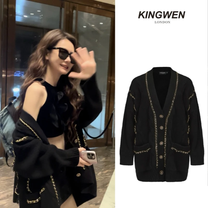 KINGWEN 戚薇同款秋冬新款双色日系V领针织链条开衫毛衣男女情侣