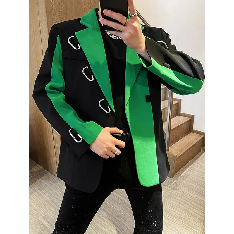 春秋韩国ins拼接小西装男金属装饰设计感韩版高级感撞色西服宽松