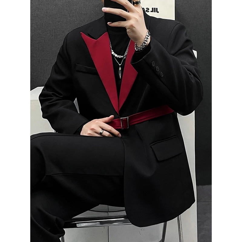 韩国秋季高级感拼接撞色西服男炸街宽松韩版发型师拼色小西装外套