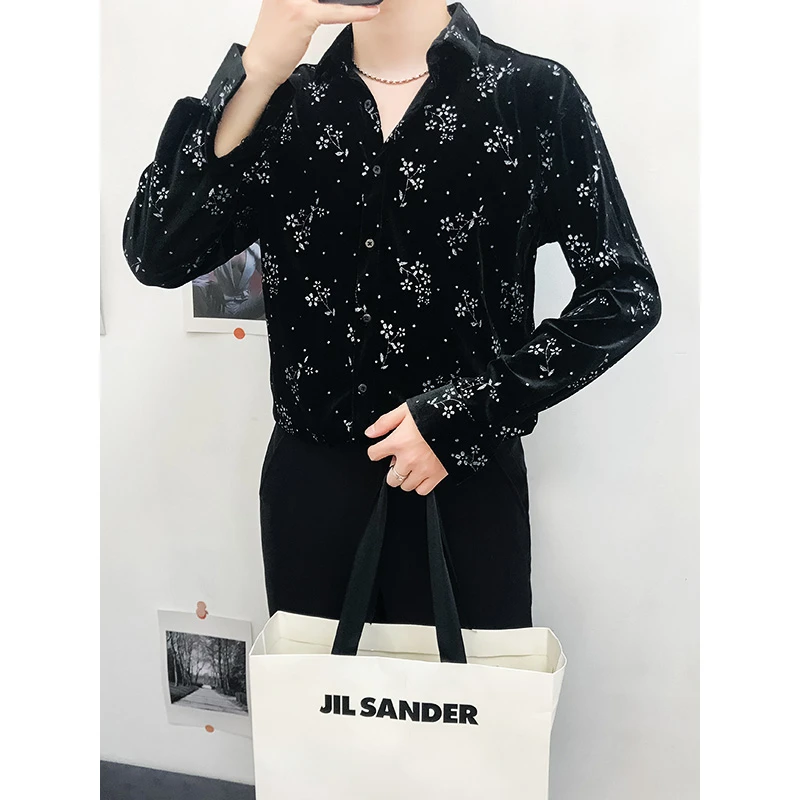 韩国秋冬衬衣潮男小花烫金丝绒宽松韩版百搭长袖打底衬衫痞帅上衣