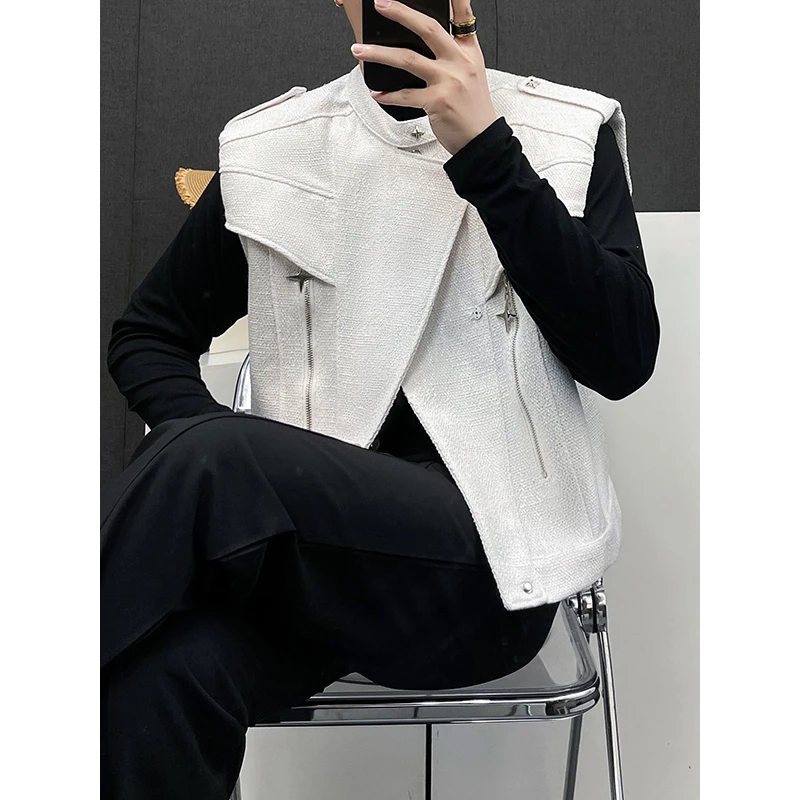 设计师小金点无袖马夹外套男短款痞帅垫肩拉链马甲外穿解构上衣潮