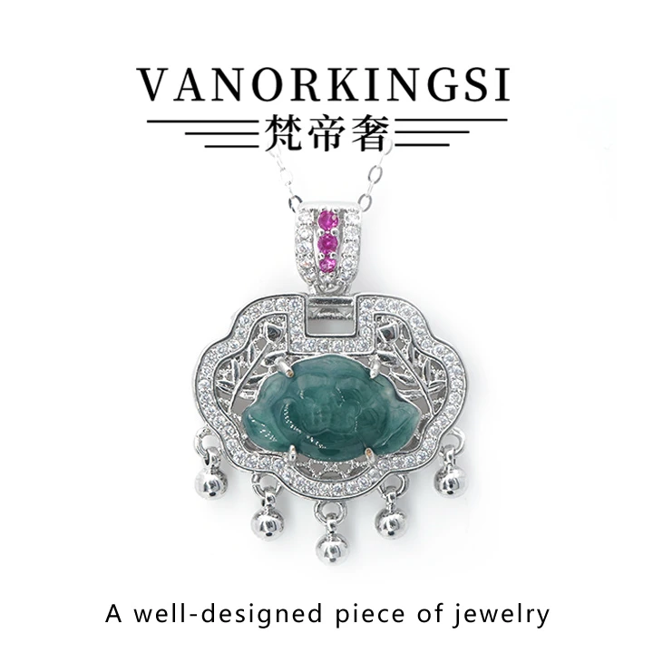 梵帝奢 天然A货翡翠吊坠蓝水莲花如意锁925银链项链 FD173