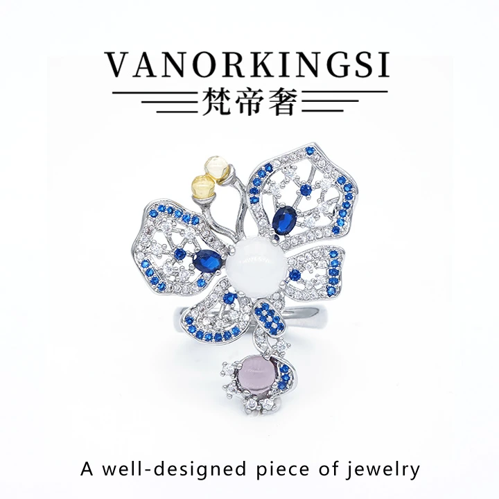 铜合金戒指 灵动蝴蝶时尚精致合成锆石开口戒指