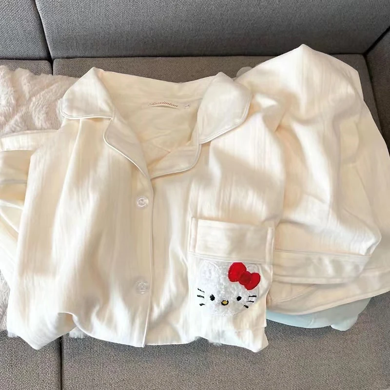 奶白色KT猫睡衣女款春秋季纯棉长袖长裤两件套卡通可爱学生家居服