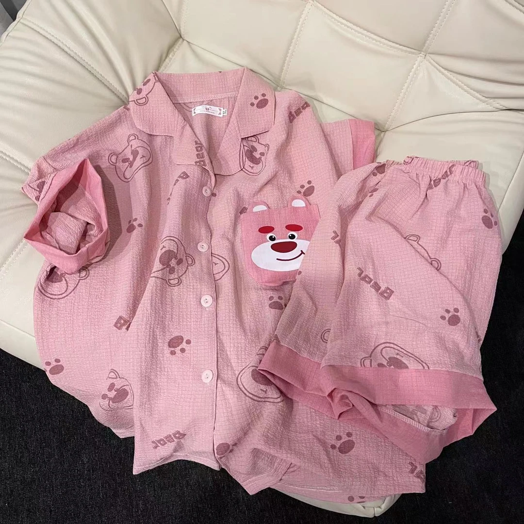 睡衣女夏季泡泡皱布短袖短裤薄款ins卡通可爱草莓熊家居服可外穿