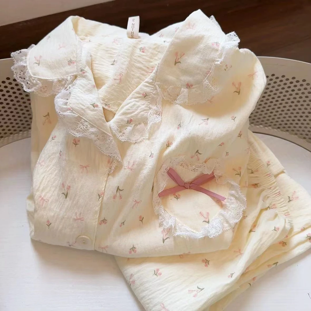 带胸垫素雅小花睡衣女春秋季新款云朵棉甜美可爱休闲长袖裤家居服