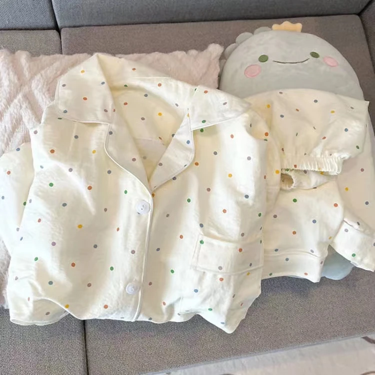 带胸垫睡衣女款夏季新款梭织棉短袖短裤日系少女波点可外穿家居服