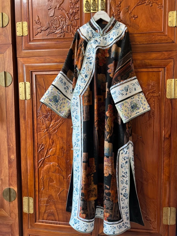 香云纱重磅真丝绣片款女士复古冬款旗袍